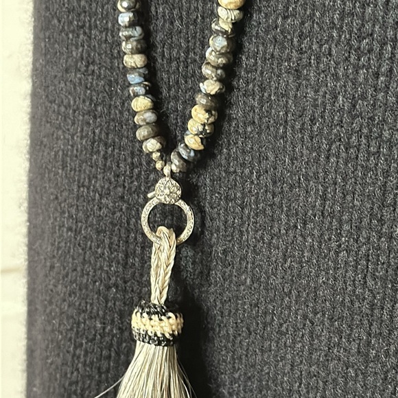 Black opal & pyrite long necklace sterling diamond clasp horse hair tassel rare - Picture 16 of 16